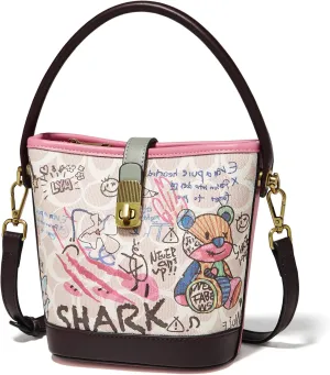 FOXLOVER Leather Bucket Crossbody Bags for Women Graffiti Top-Handle Handbags Small Satchel Purse Trendy Twist Lock