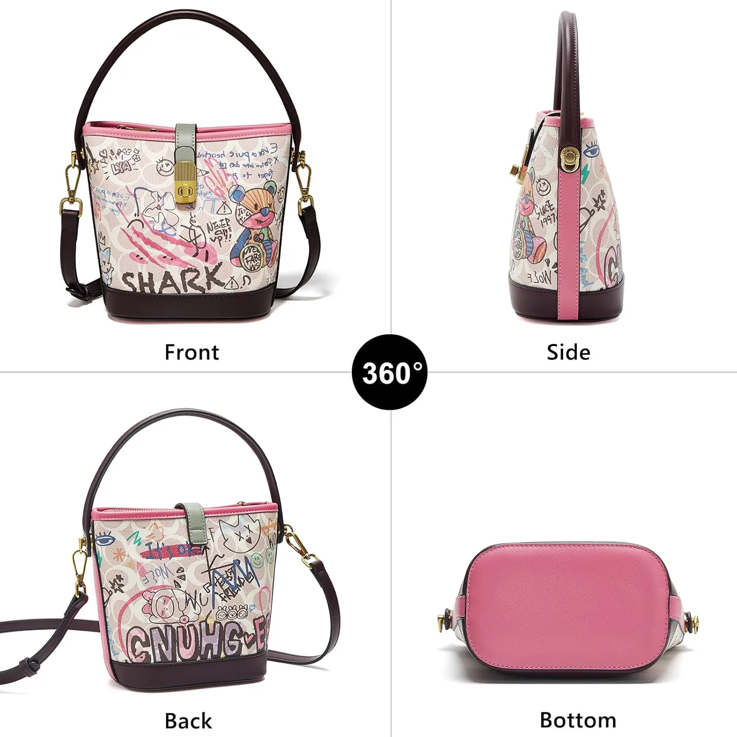 FOXLOVER Leather Bucket Crossbody Bags for Women Graffiti Top-Handle Handbags Small Satchel Purse Trendy Twist Lock