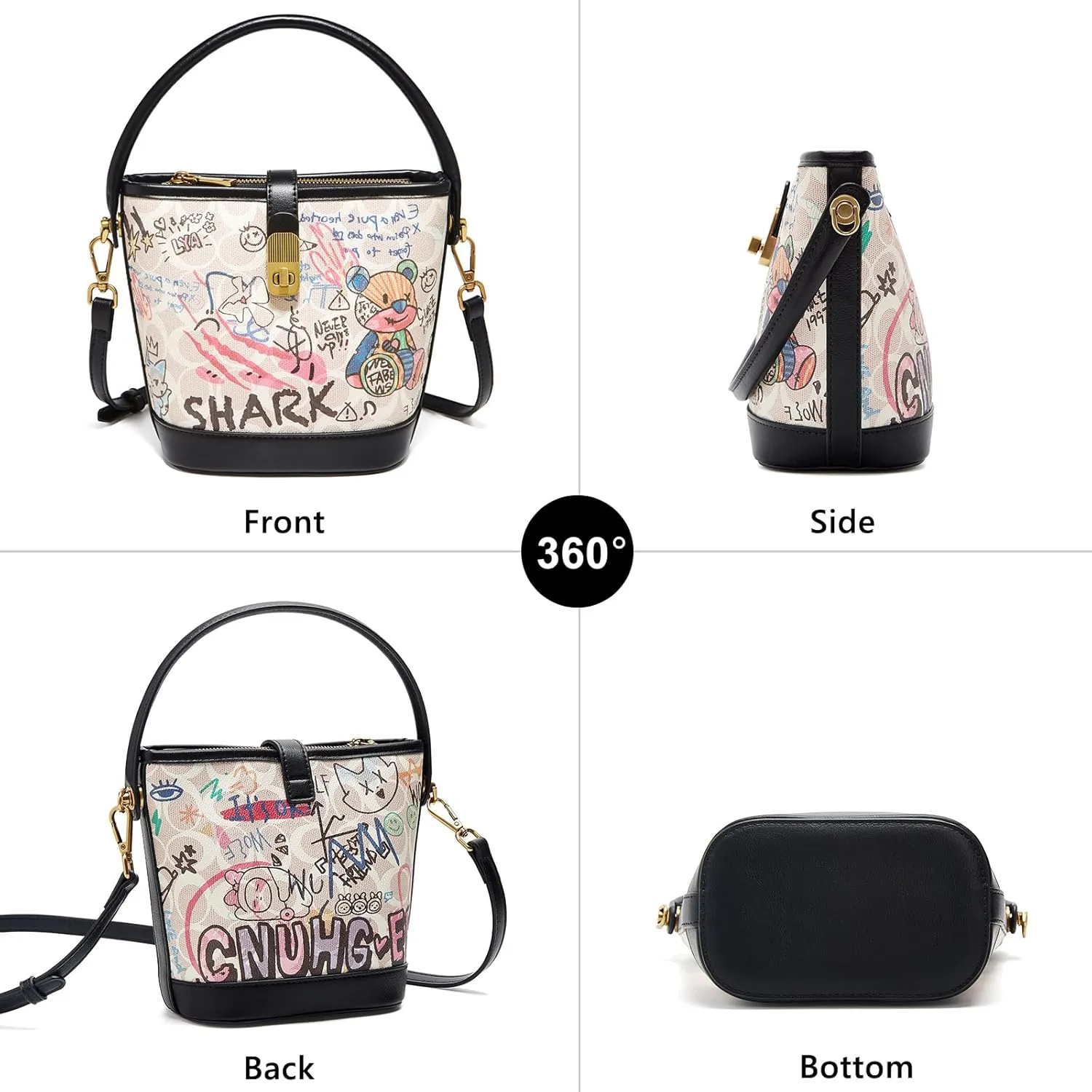 FOXLOVER Leather Bucket Crossbody Bags for Women Graffiti Top-Handle Handbags Small Satchel Purse Trendy Twist Lock