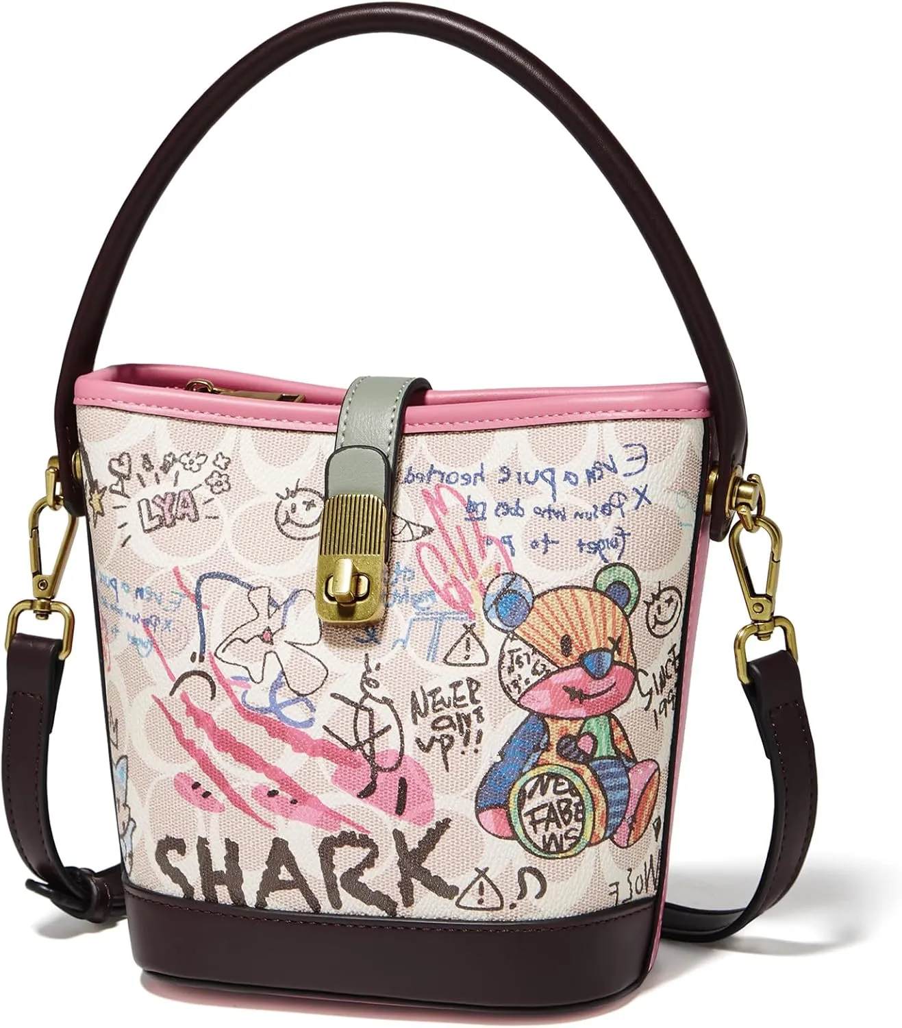 FOXLOVER Leather Bucket Crossbody Bags for Women Graffiti Top-Handle Handbags Small Satchel Purse Trendy Twist Lock