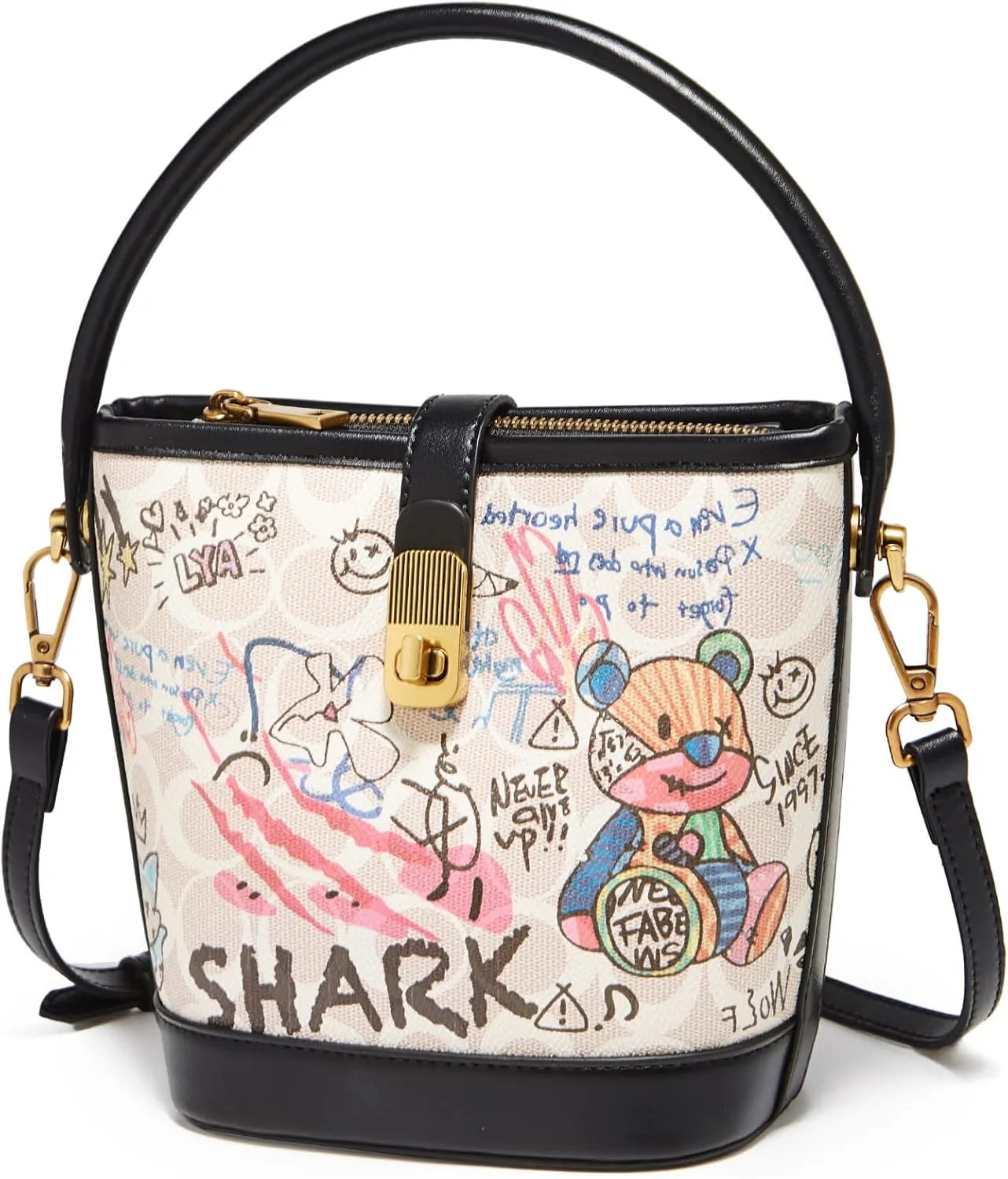 FOXLOVER Leather Bucket Crossbody Bags for Women Graffiti Top-Handle Handbags Small Satchel Purse Trendy Twist Lock