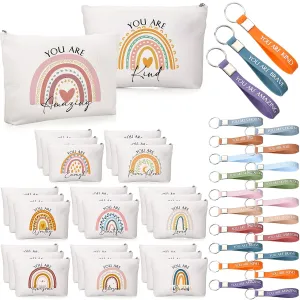 Fumete 60 Pcs Inspirational Appreciation Gifts Bulk 30 Rainbow Canvas Makeup Bag 30 Motivational Keychains Cosmetic Bag Nurse Week Gift for Teacher Volunteer Coworker Employee Graduation