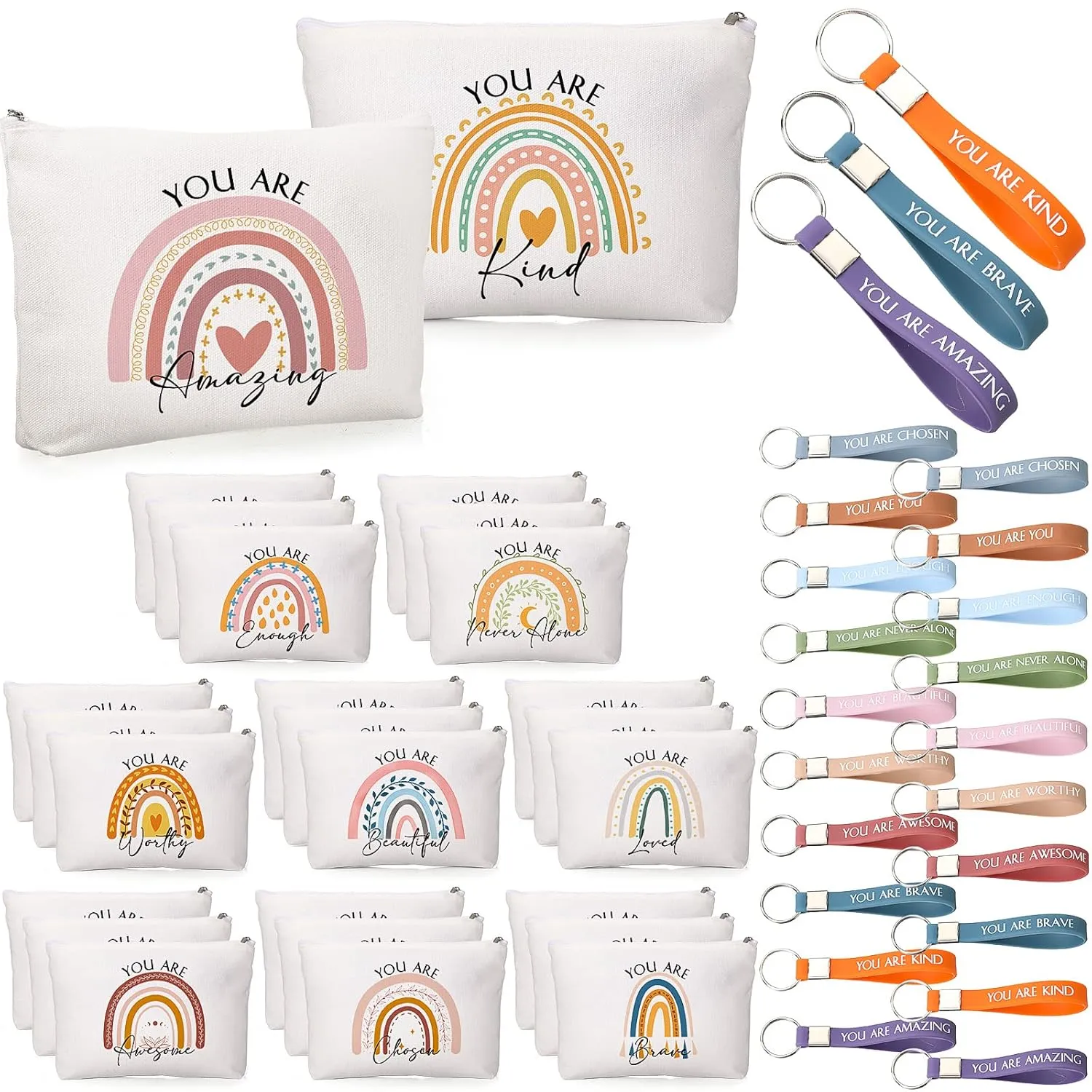 Fumete 60 Pcs Inspirational Appreciation Gifts Bulk 30 Rainbow Canvas Makeup Bag 30 Motivational Keychains Cosmetic Bag Nurse Week Gift for Teacher Volunteer Coworker Employee Graduation