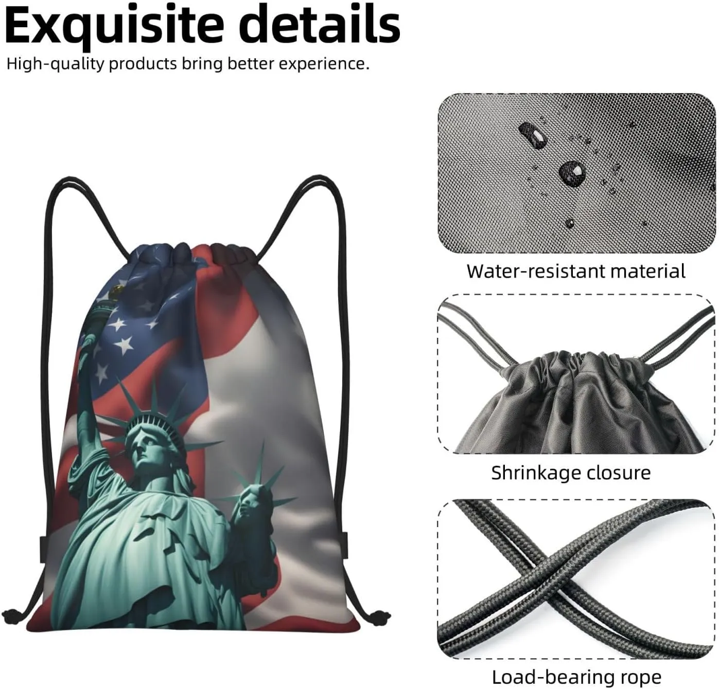 Funky Drawstring Bags Statue of Liberty Flag print Sport Gym Sack for Fitness Yoga Travel Water-Resistant