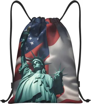Funky Drawstring Bags Statue of Liberty Flag print Sport Gym Sack for Fitness Yoga Travel Water-Resistant