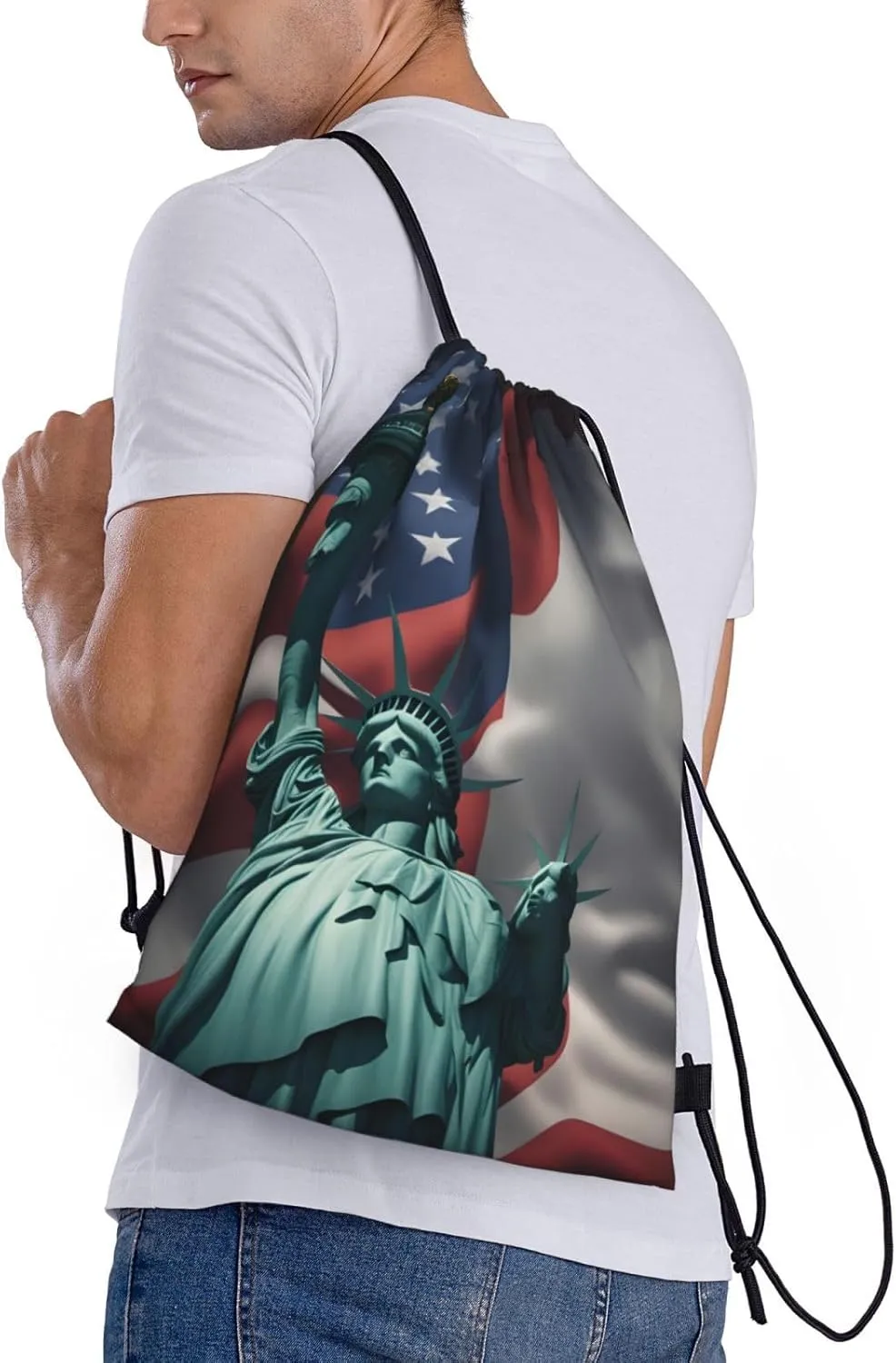 Funky Drawstring Bags Statue of Liberty Flag print Sport Gym Sack for Fitness Yoga Travel Water-Resistant