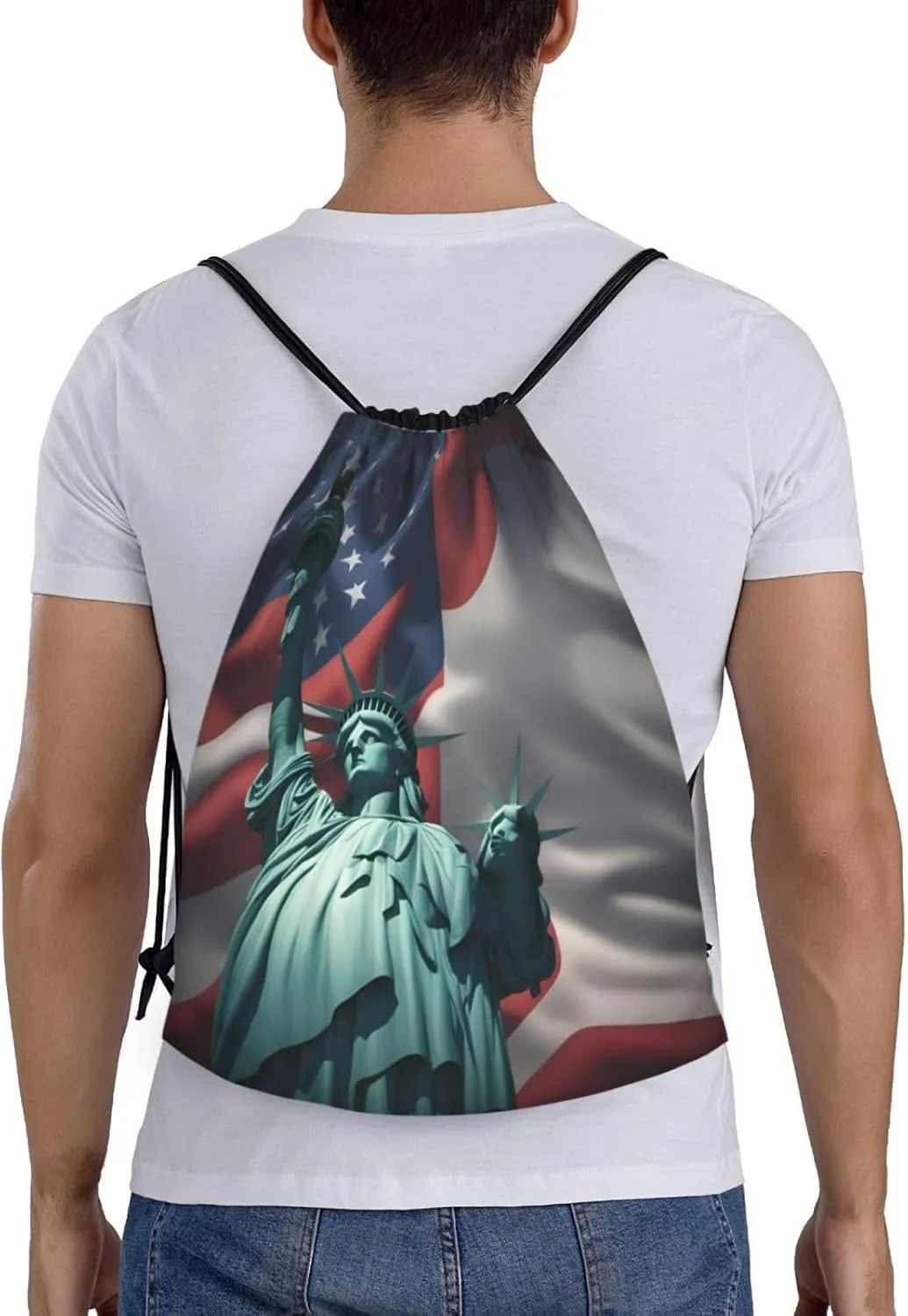 Funky Drawstring Bags Statue of Liberty Flag print Sport Gym Sack for Fitness Yoga Travel Water-Resistant