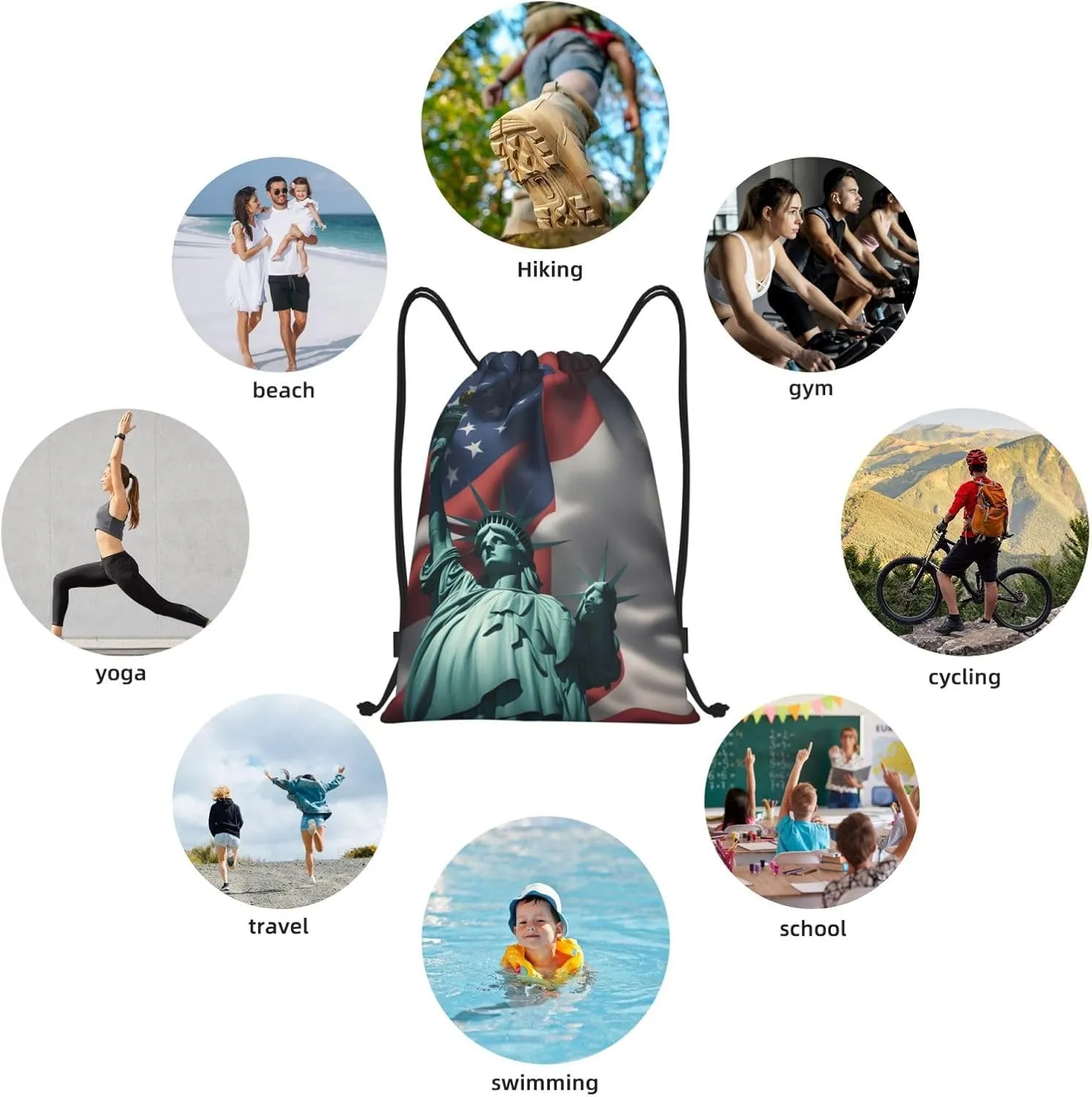 Funky Drawstring Bags Statue of Liberty Flag print Sport Gym Sack for Fitness Yoga Travel Water-Resistant