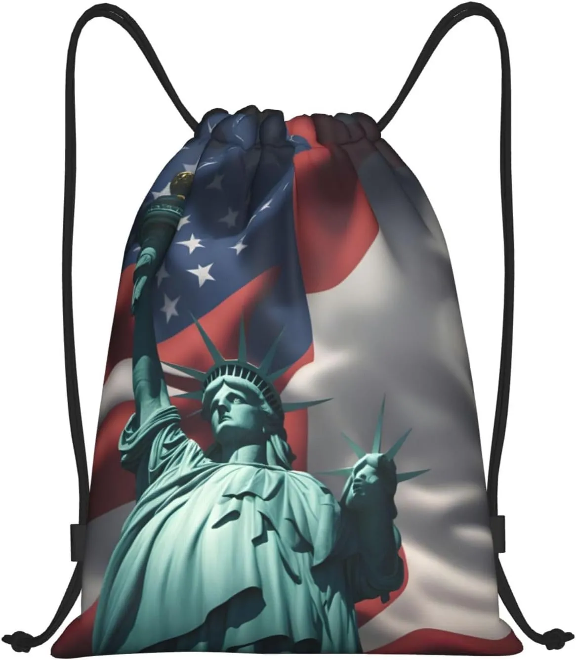 Funky Drawstring Bags Statue of Liberty Flag print Sport Gym Sack for Fitness Yoga Travel Water-Resistant