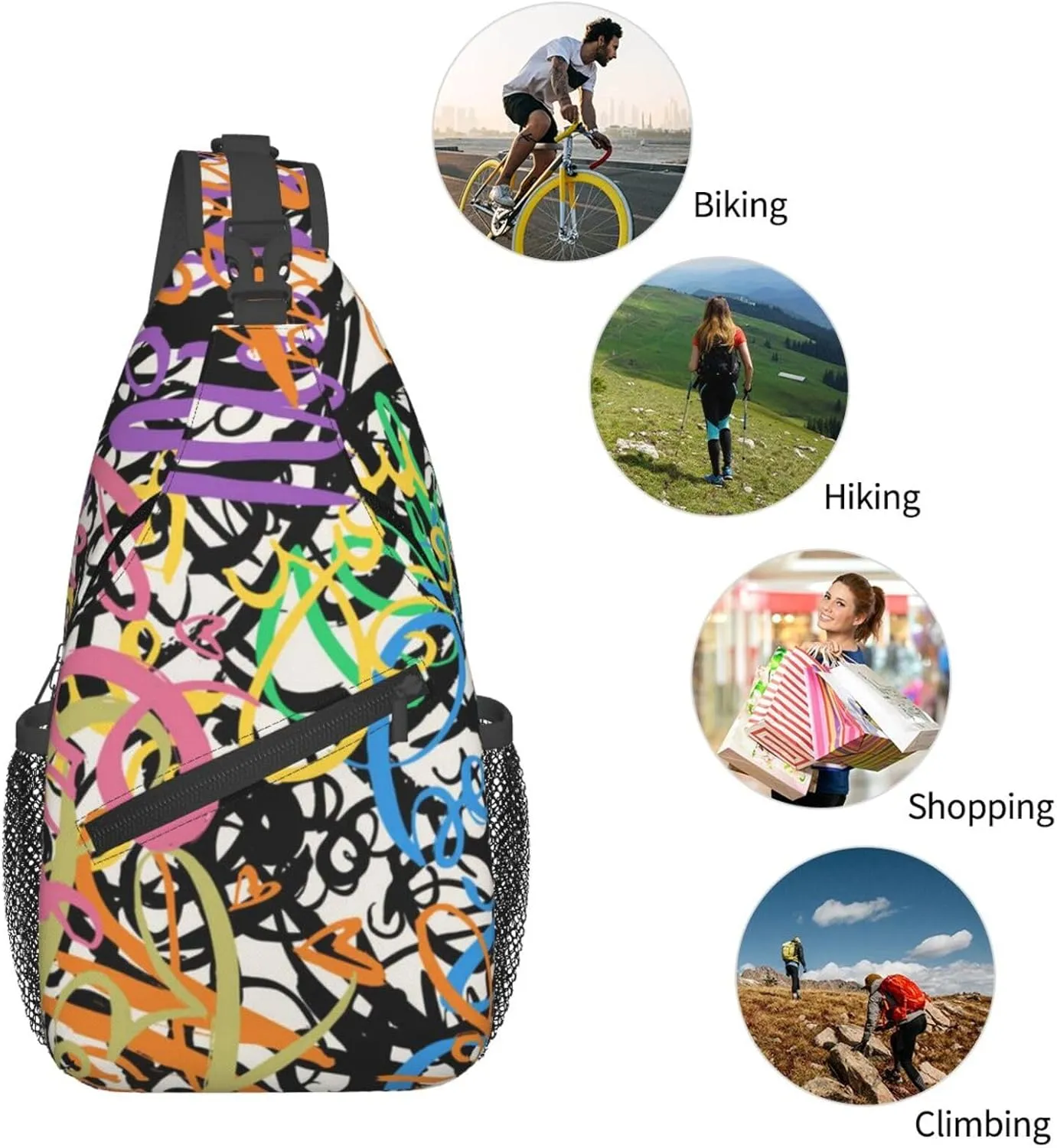 Funny Graffiti Sling Backpack,Travel Hiking Daypack Colorful Graffiti Art Crossbody Shoulder Bag for Women Men