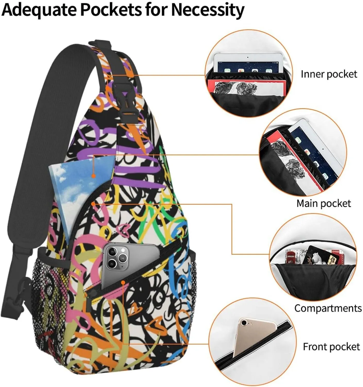 Funny Graffiti Sling Backpack,Travel Hiking Daypack Colorful Graffiti Art Crossbody Shoulder Bag for Women Men