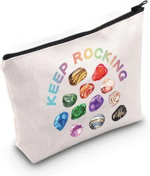 G2TUP Geologist Gift Keep Rocking Makeup Bag Geology Cosmetic Bag Rock Mineral Collector Gift Geology Lover Gift Zipper Travel Bag (Keep Rocking White Bag)