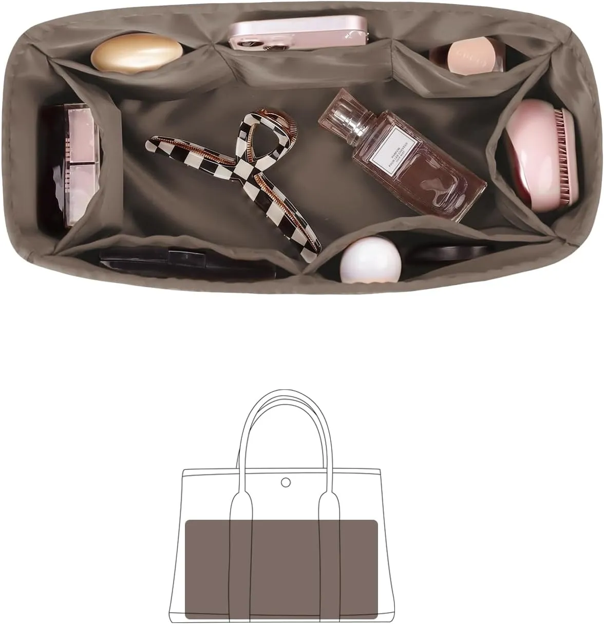 Garden Party 30 Insert, Bag Organizer Compatible with Hermes Garden Party Tote, Silk Fabric Bag-in-bag for Luxury Bags with Multiple Pockets for Storage (Etoupe grey, GP30)