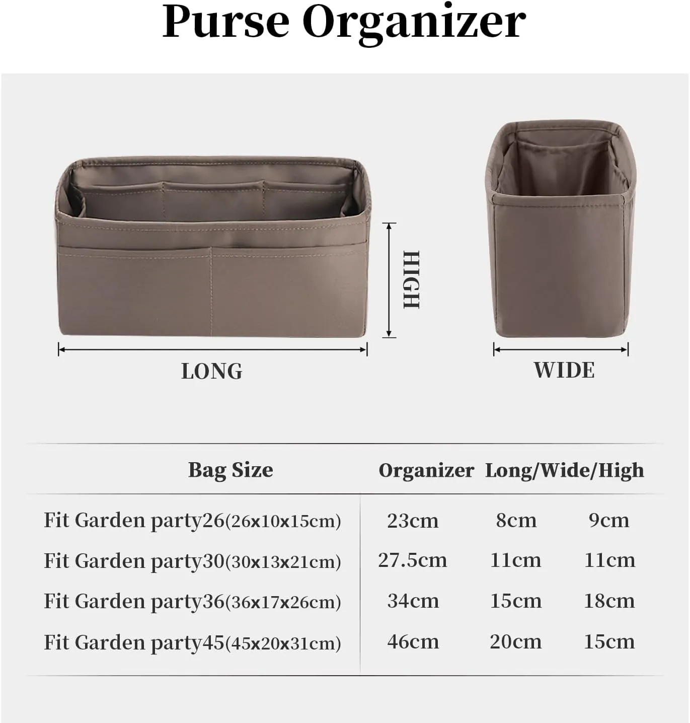 Garden Party 30 Insert, Bag Organizer Compatible with Hermes Garden Party Tote, Silk Fabric Bag-in-bag for Luxury Bags with Multiple Pockets for Storage (Etoupe grey, GP30)