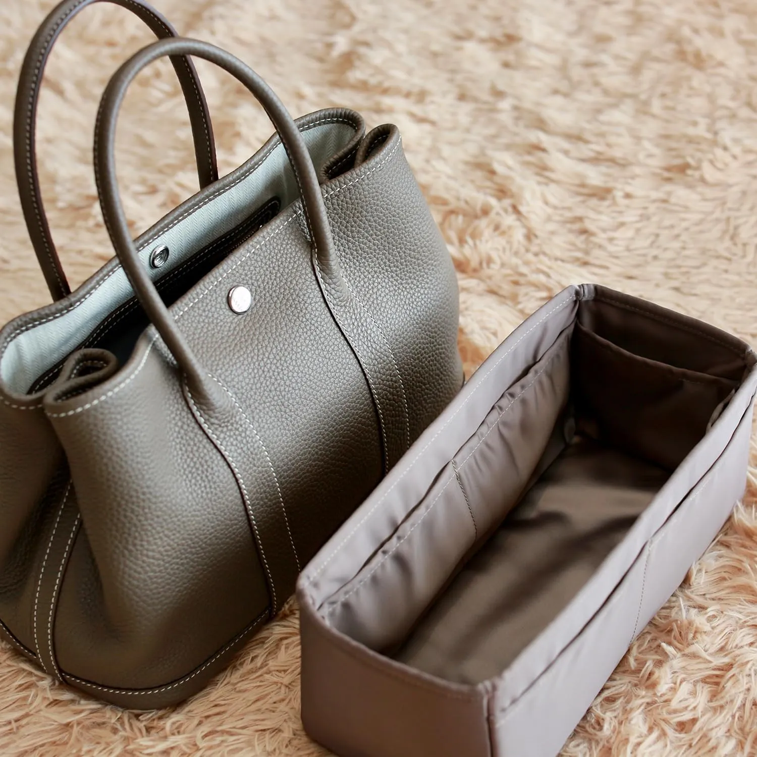Garden Party 30 Insert, Bag Organizer Compatible with Hermes Garden Party Tote, Silk Fabric Bag-in-bag for Luxury Bags with Multiple Pockets for Storage (Etoupe grey, GP30)