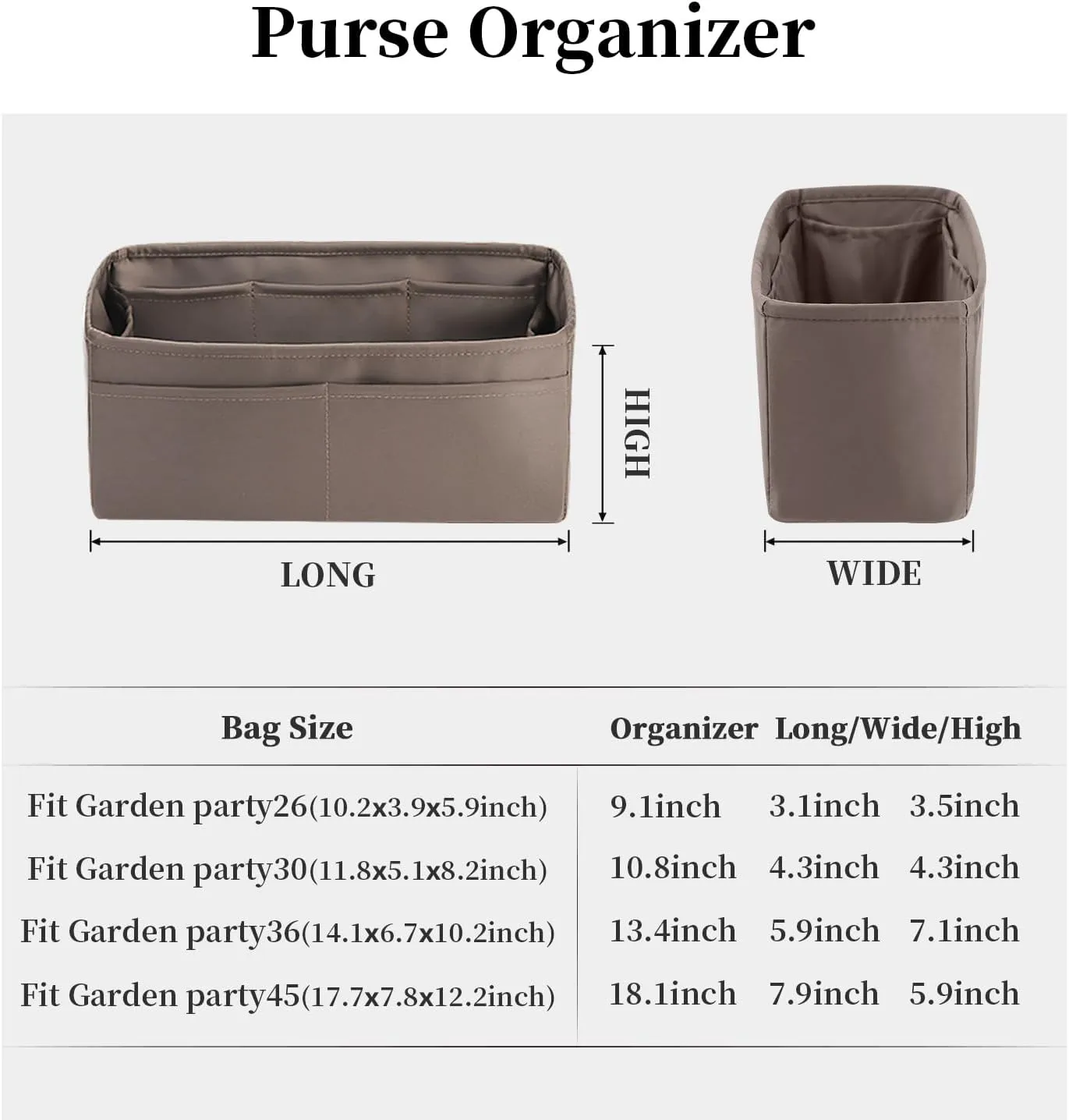 Garden Party 30 Insert, Bag Organizer Compatible with Hermes Garden Party Tote, Silk Fabric Bag-in-bag for Luxury Bags with Multiple Pockets for Storage (Etoupe grey, GP30)
