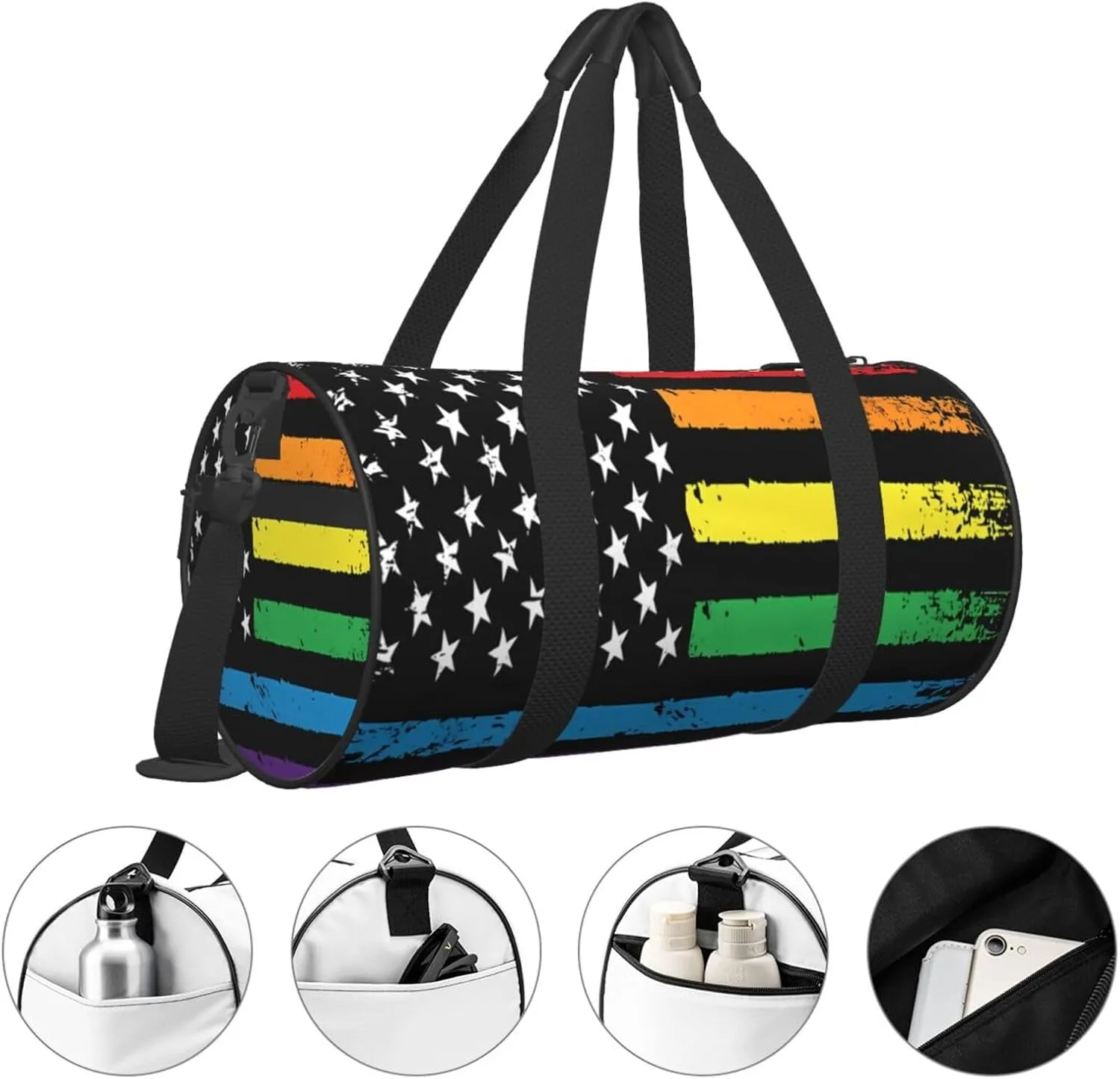 Gay Pride Rainbow American Flag LGBT Progress Flag Round Travel Duffel Bag Large Capacity Gym Sports Bags for Hiking Vacation Trips