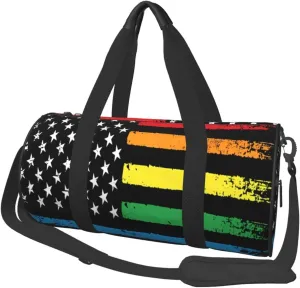 Gay Pride Rainbow American Flag LGBT Progress Flag Round Travel Duffel Bag Large Capacity Gym Sports Bags for Hiking Vacation Trips