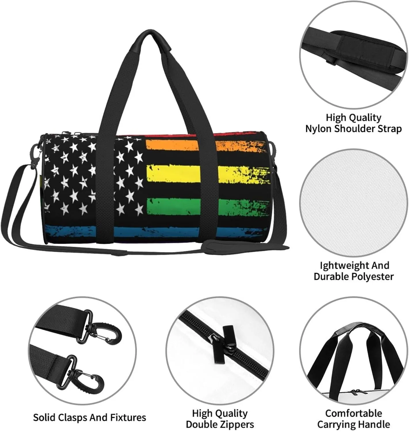 Gay Pride Rainbow American Flag LGBT Progress Flag Round Travel Duffel Bag Large Capacity Gym Sports Bags for Hiking Vacation Trips