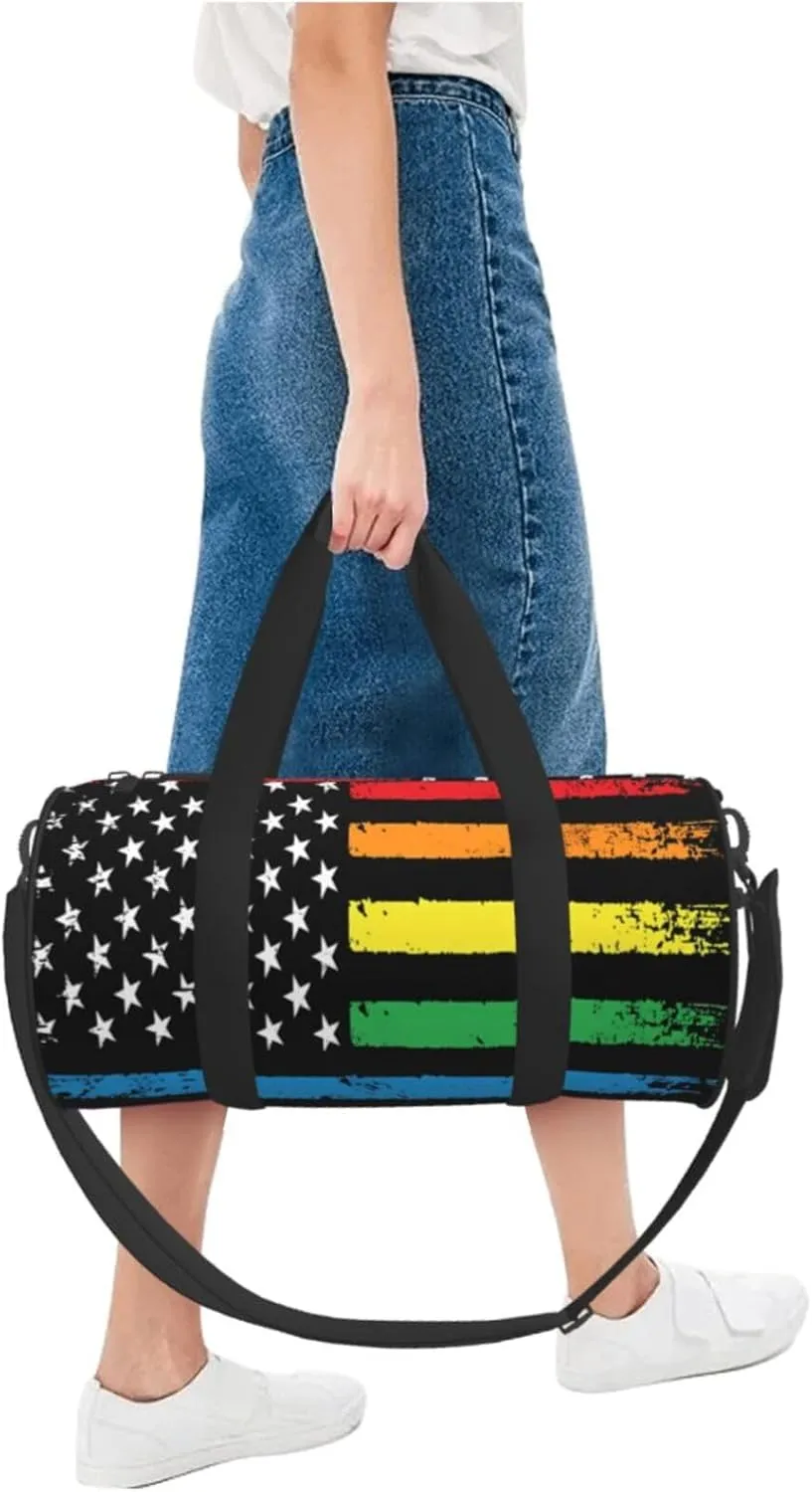 Gay Pride Rainbow American Flag LGBT Progress Flag Round Travel Duffel Bag Large Capacity Gym Sports Bags for Hiking Vacation Trips