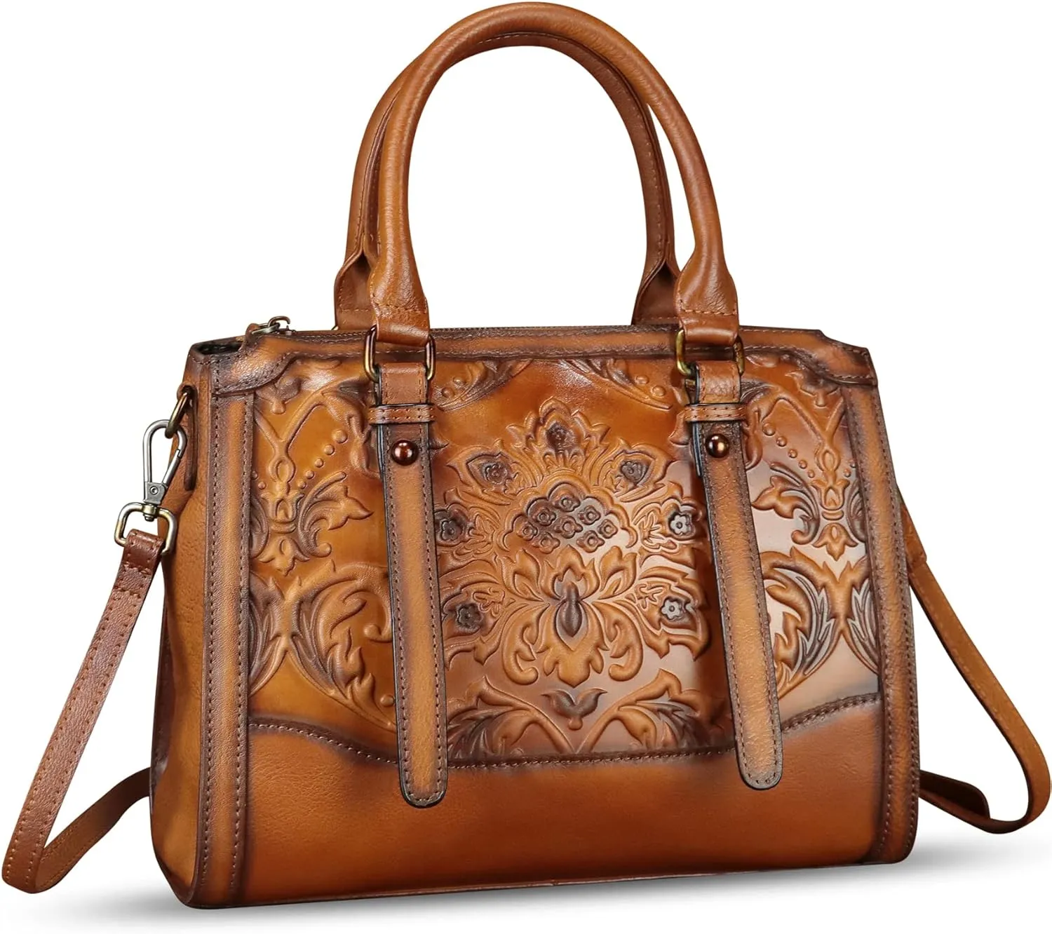 Genuine Leather Purses and Handbags for Women Vintage Embossed Leather Satchel Bags Crossbody Shoulder Bag Strap