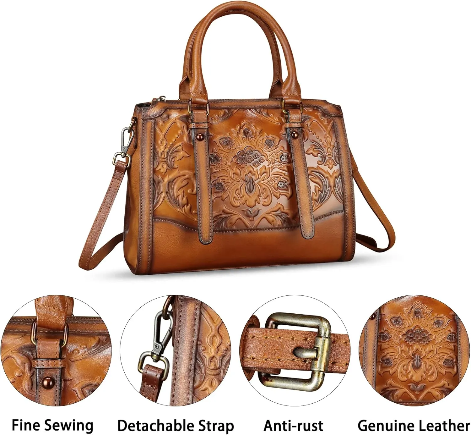 Genuine Leather Purses and Handbags for Women Vintage Embossed Leather Satchel Bags Crossbody Shoulder Bag Strap