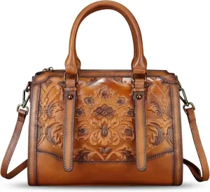 Genuine Leather Purses and Handbags for Women Vintage Embossed Leather Satchel Bags Crossbody Shoulder Bag Strap