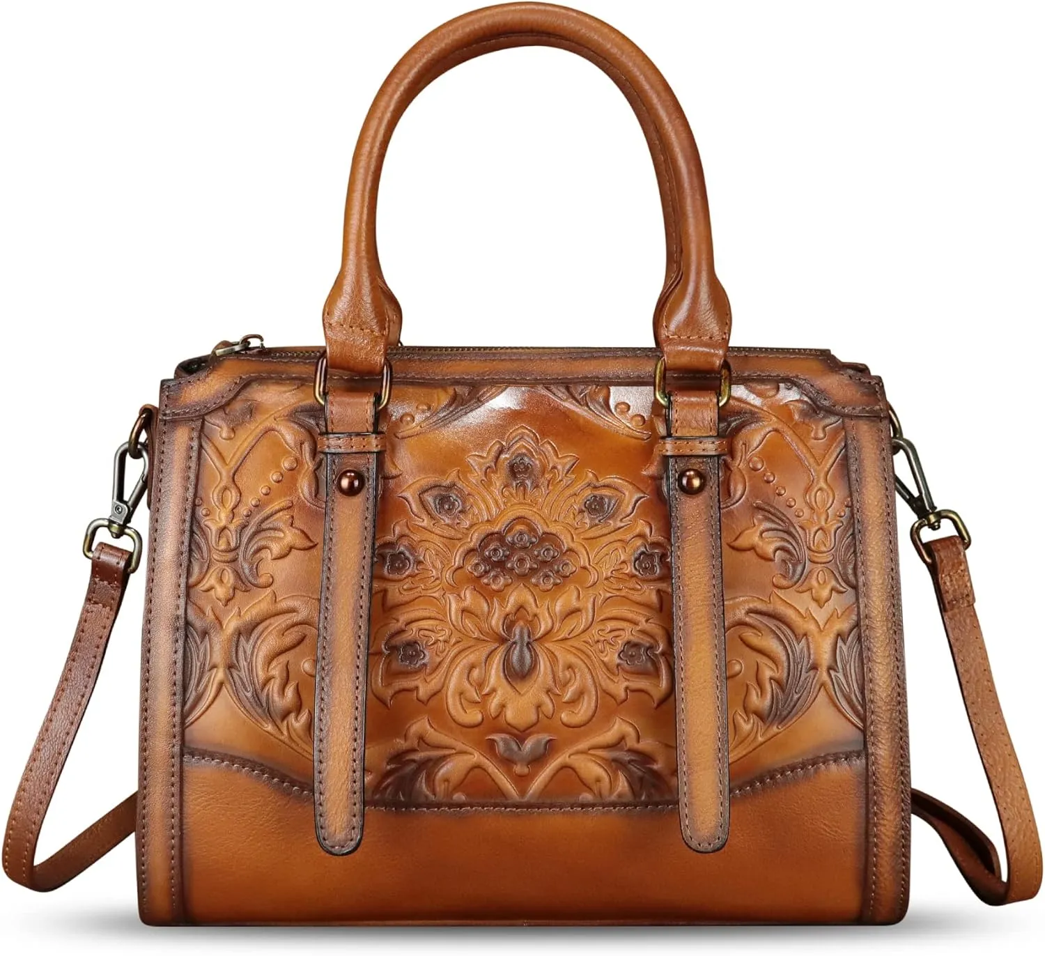 Genuine Leather Purses and Handbags for Women Vintage Embossed Leather Satchel Bags Crossbody Shoulder Bag Strap