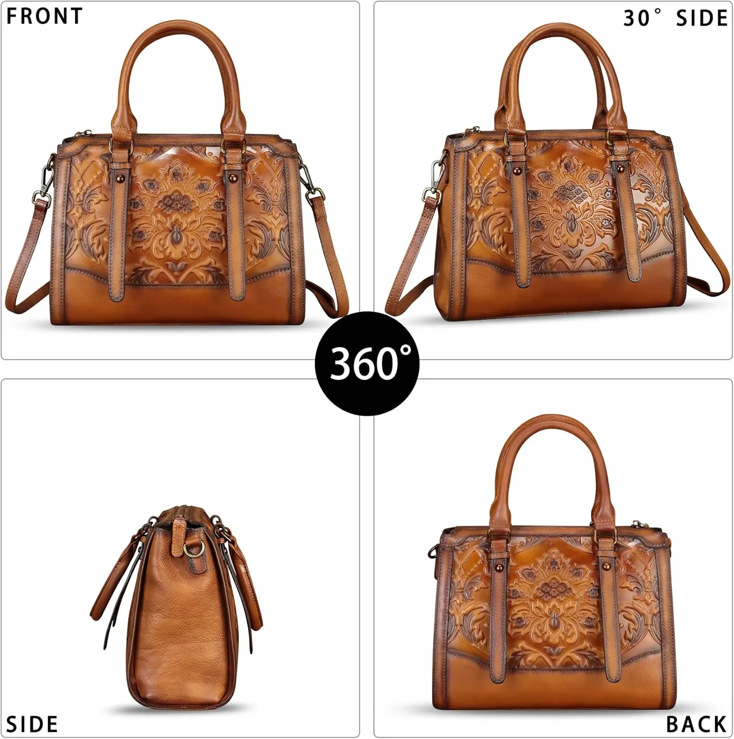 Genuine Leather Purses and Handbags for Women Vintage Embossed Leather Satchel Bags Crossbody Shoulder Bag Strap