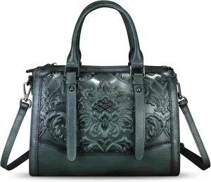 Genuine Leather Purses and Handbags for Women Vintage Embossed Leather Satchel Bags Crossbody Shoulder Bag Strap