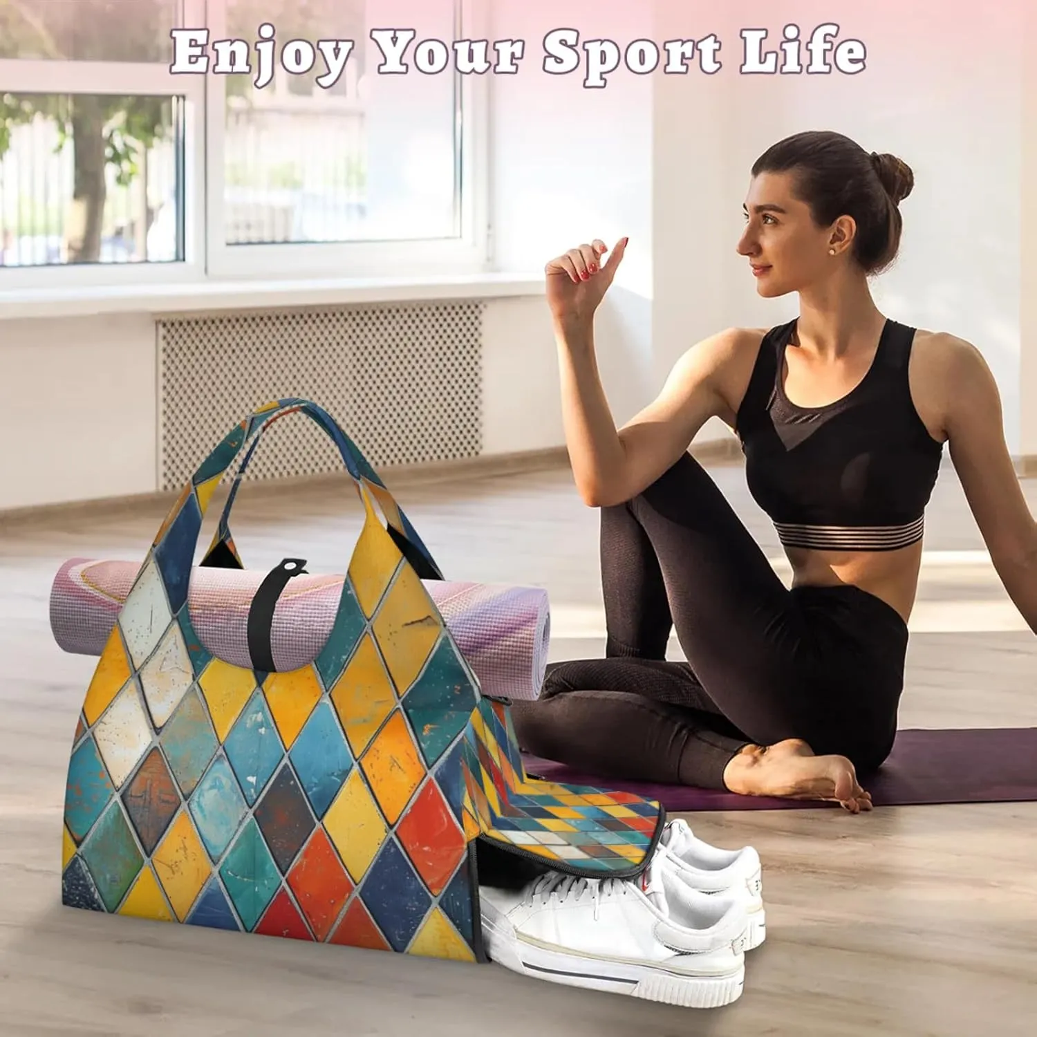 Glass Rainbow Print Gym Bag Yoga Mat Tote for Women with Shoes Compartment Lightweight Duffle Travel Carrier Wet Dry Storage Pockets Adjustable Pilates Mats Shoulder Bags for Sport Swim