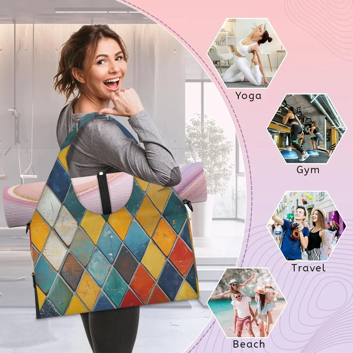Glass Rainbow Print Gym Bag Yoga Mat Tote for Women with Shoes Compartment Lightweight Duffle Travel Carrier Wet Dry Storage Pockets Adjustable Pilates Mats Shoulder Bags for Sport Swim