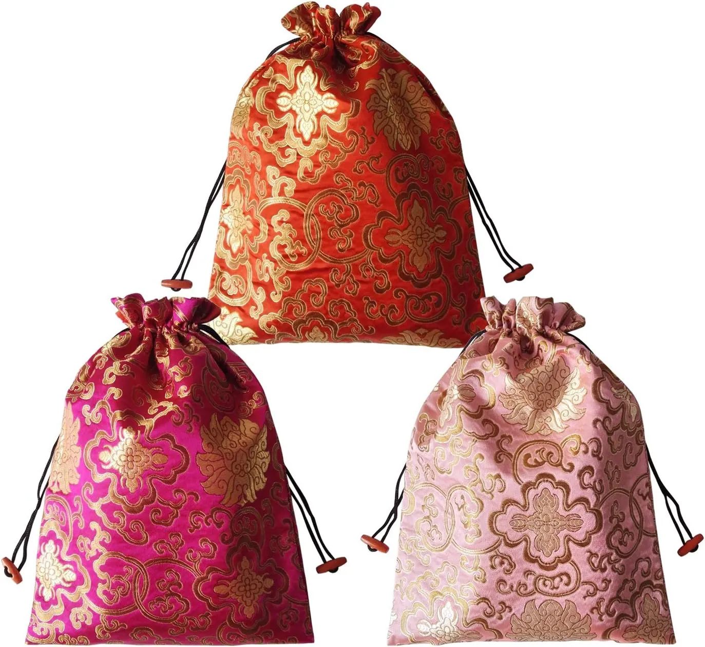 Gold Fortune 10.5" x 14" (L x W) Embroidered Silk Jacquard Travel Lingerie and Shoes Bags with Drawstring Closure (Fortune One)