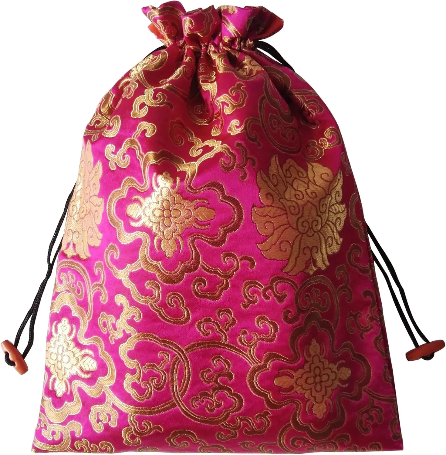 Gold Fortune 10.5" x 14" (L x W) Embroidered Silk Jacquard Travel Lingerie and Shoes Bags with Drawstring Closure (Fortune One)