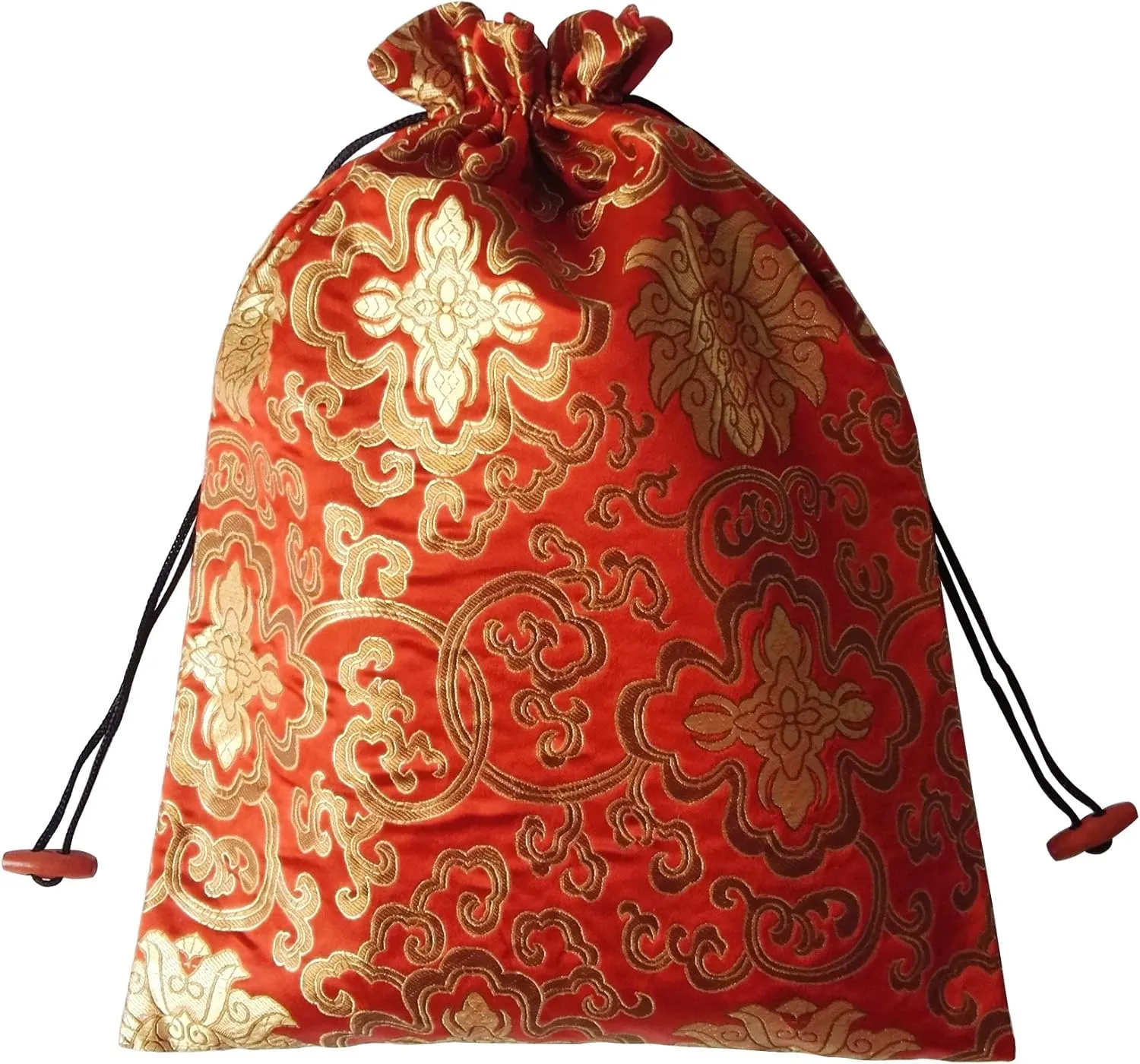 Gold Fortune 10.5" x 14" (L x W) Embroidered Silk Jacquard Travel Lingerie and Shoes Bags with Drawstring Closure (Fortune One)