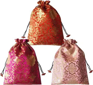 Gold Fortune 10.5" x 14" (L x W) Embroidered Silk Jacquard Travel Lingerie and Shoes Bags with Drawstring Closure (Fortune One)