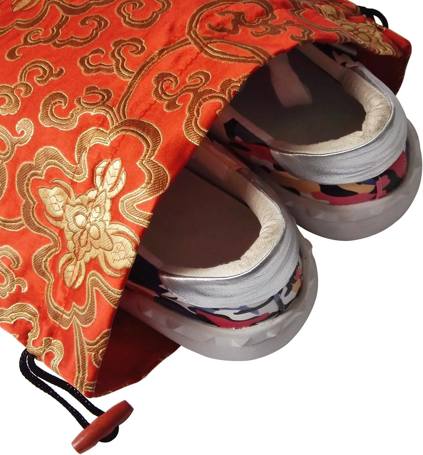 Gold Fortune 10.5" x 14" (L x W) Embroidered Silk Jacquard Travel Lingerie and Shoes Bags with Drawstring Closure (Fortune One)