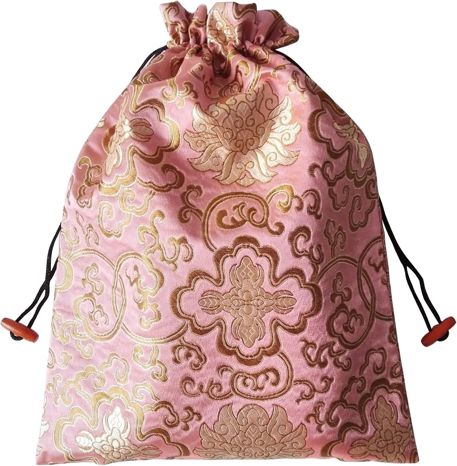 Gold Fortune 10.5" x 14" (L x W) Embroidered Silk Jacquard Travel Lingerie and Shoes Bags with Drawstring Closure (Fortune One)