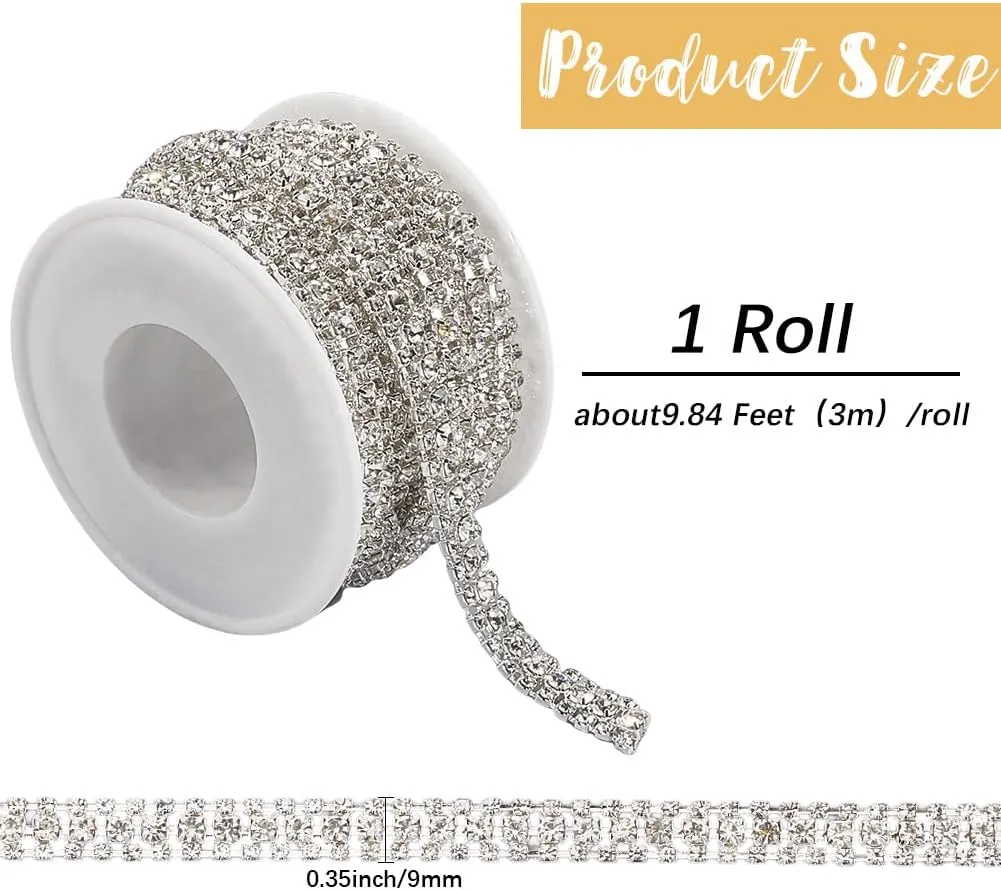 GORGECRAFT 3.3 Yards 3 Row Crystal Rhinestone Chain Trim 9mm Wide Close Claw Cup Chain Strip Roll Silver Base with Spool for Sewing Crafts Clothing Bags Shoes Bouquet Jewelry Wedding Cake Decorations