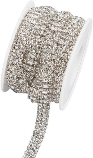 GORGECRAFT 3.3 Yards 3 Row Crystal Rhinestone Chain Trim 9mm Wide Close Claw Cup Chain Strip Roll Silver Base with Spool for Sewing Crafts Clothing Bags Shoes Bouquet Jewelry Wedding Cake Decorations