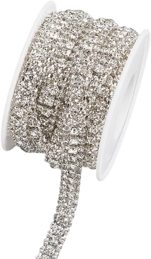 GORGECRAFT 3.3 Yards 3 Row Crystal Rhinestone Chain Trim 9mm Wide Close Claw Cup Chain Strip Roll Silver Base with Spool for Sewing Crafts Clothing Bags Shoes Bouquet Jewelry Wedding Cake Decorations