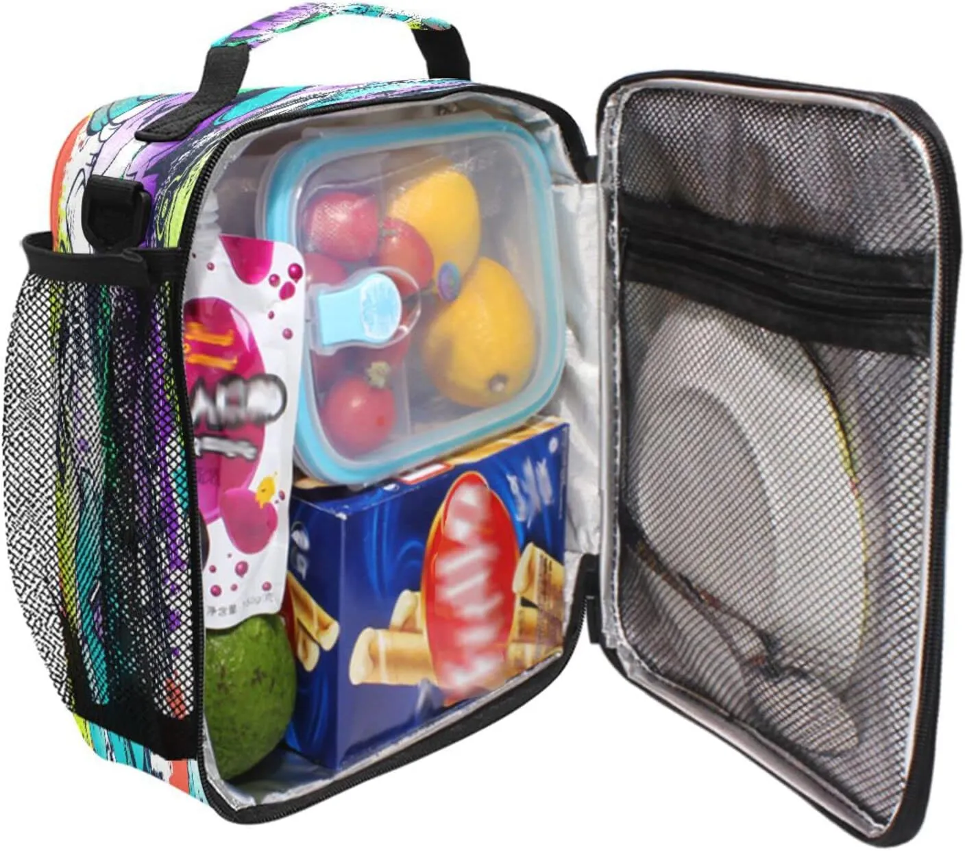 Graffiti Cartoon Kids Lunch Box Insulated Lunch Bag Reusable Cooler Bag with Strap for Girls, Boys, Kids for School Picnic, Travel, Hiking