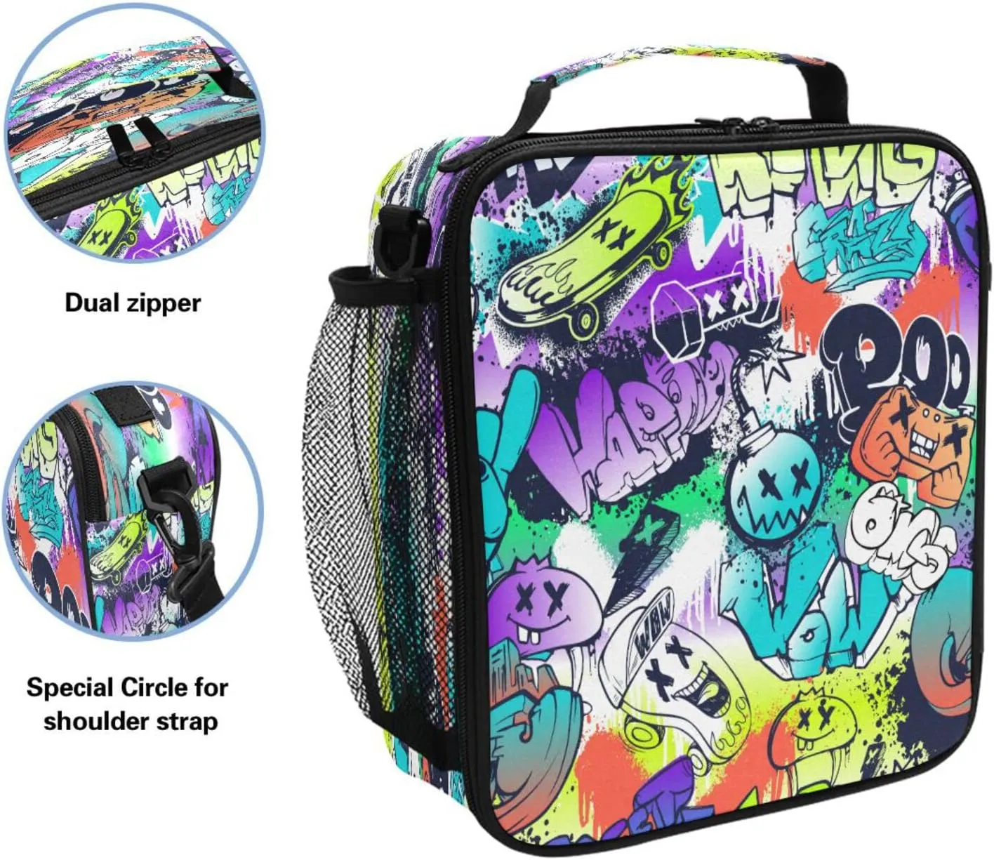 Graffiti Cartoon Kids Lunch Box Insulated Lunch Bag Reusable Cooler Bag with Strap for Girls, Boys, Kids for School Picnic, Travel, Hiking