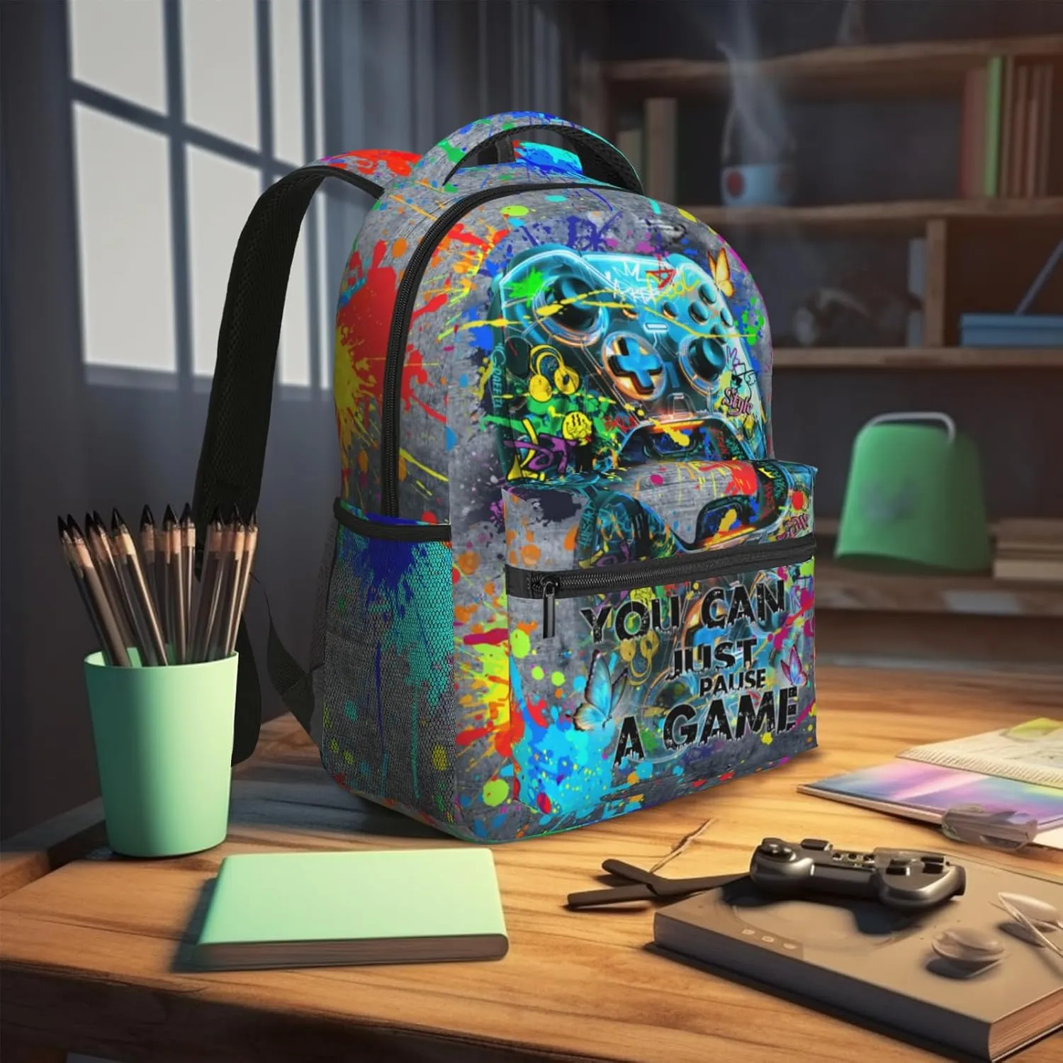 Graffiti Splash Gaming Bacjpack Gray Abstract Gamepad Backpack Bansky Games Gaming Colorful School Bags Travel Hiking Camping for Boys Girls Kids Teenager Adults Teens Laptop Backpack