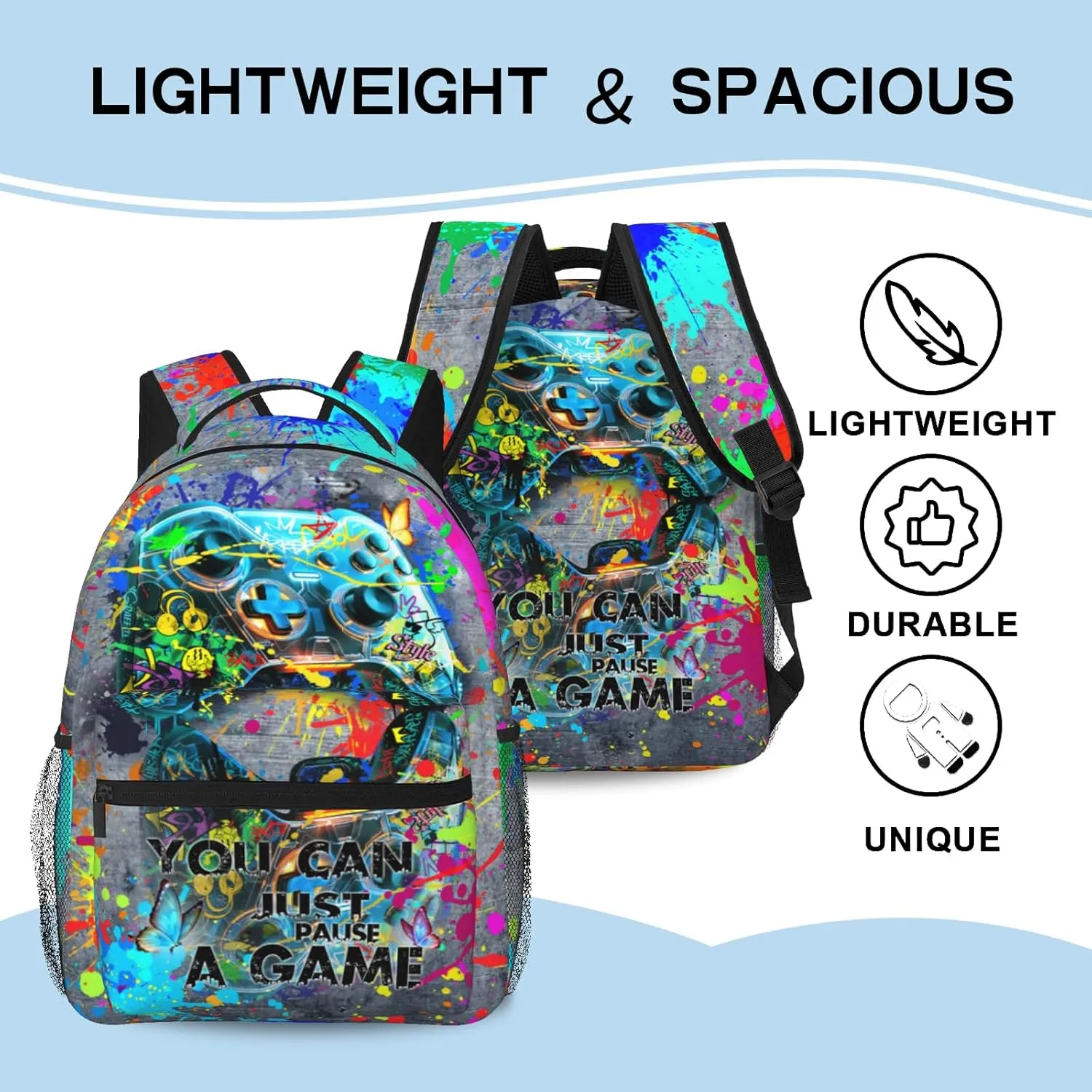 Graffiti Splash Gaming Bacjpack Gray Abstract Gamepad Backpack Bansky Games Gaming Colorful School Bags Travel Hiking Camping for Boys Girls Kids Teenager Adults Teens Laptop Backpack