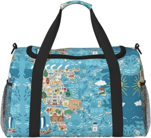 Greece Map print Large Canvas Travel Duffel Bag Weekender Bags for Women Overnight Bag Carry On Tote Bag
