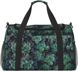 Green Succulent print Large Canvas Travel Duffel Bag Weekender Bags for Women Overnight Bag Carry On Tote Bag