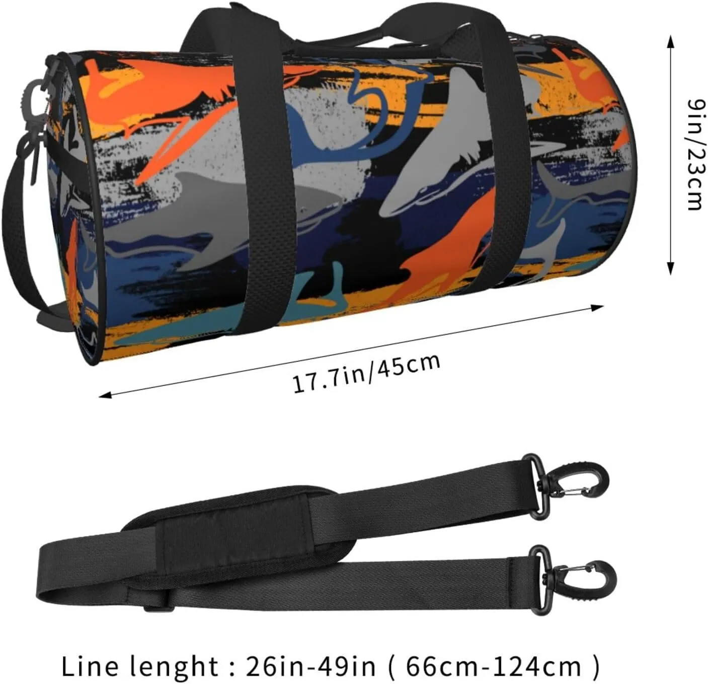 Grunge orange gray sharks texture graffiti Round Travel Duffel Bag Large Capacity Gym Sports Bags for Hiking Vacation Trips