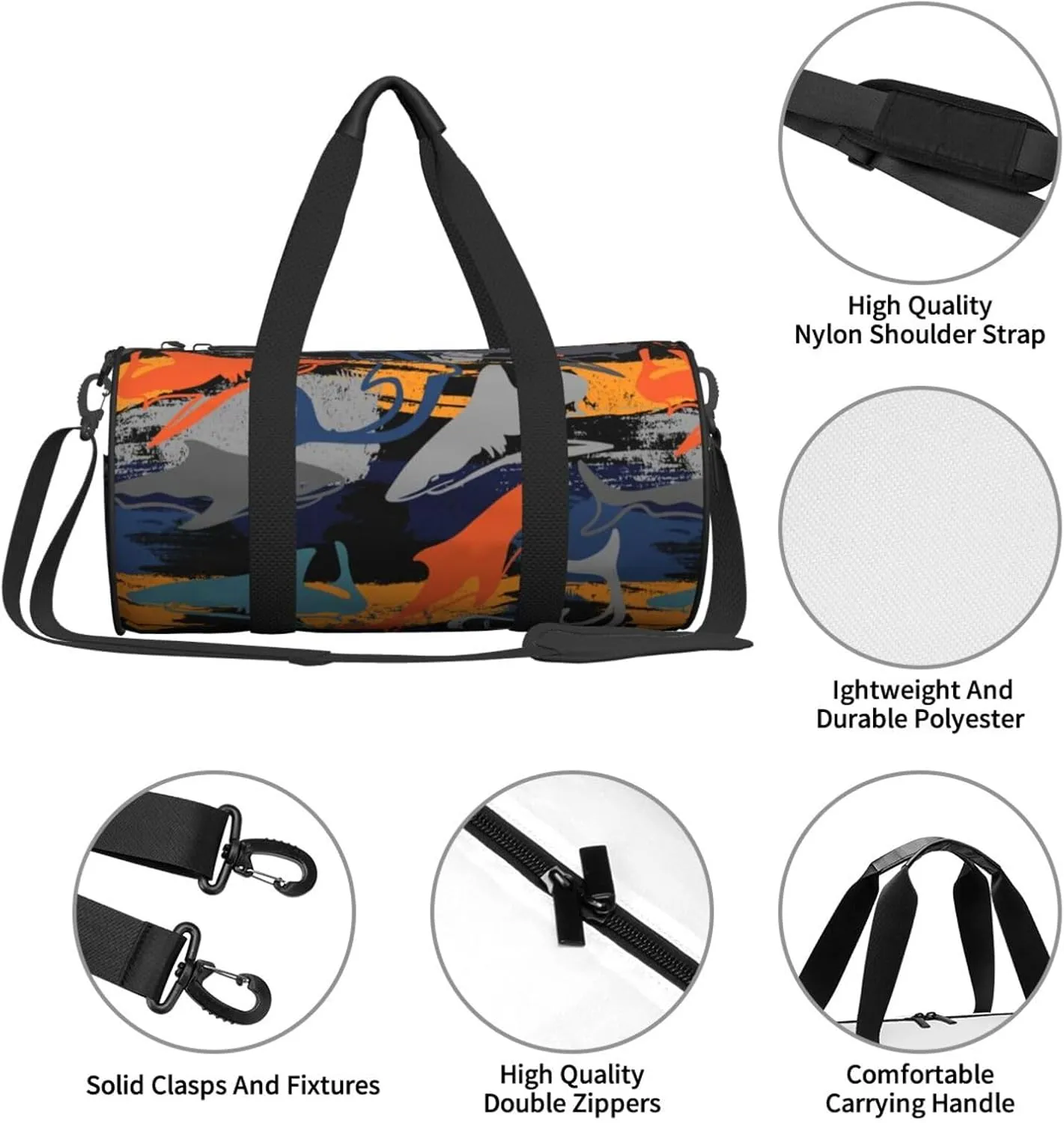 Grunge orange gray sharks texture graffiti Round Travel Duffel Bag Large Capacity Gym Sports Bags for Hiking Vacation Trips