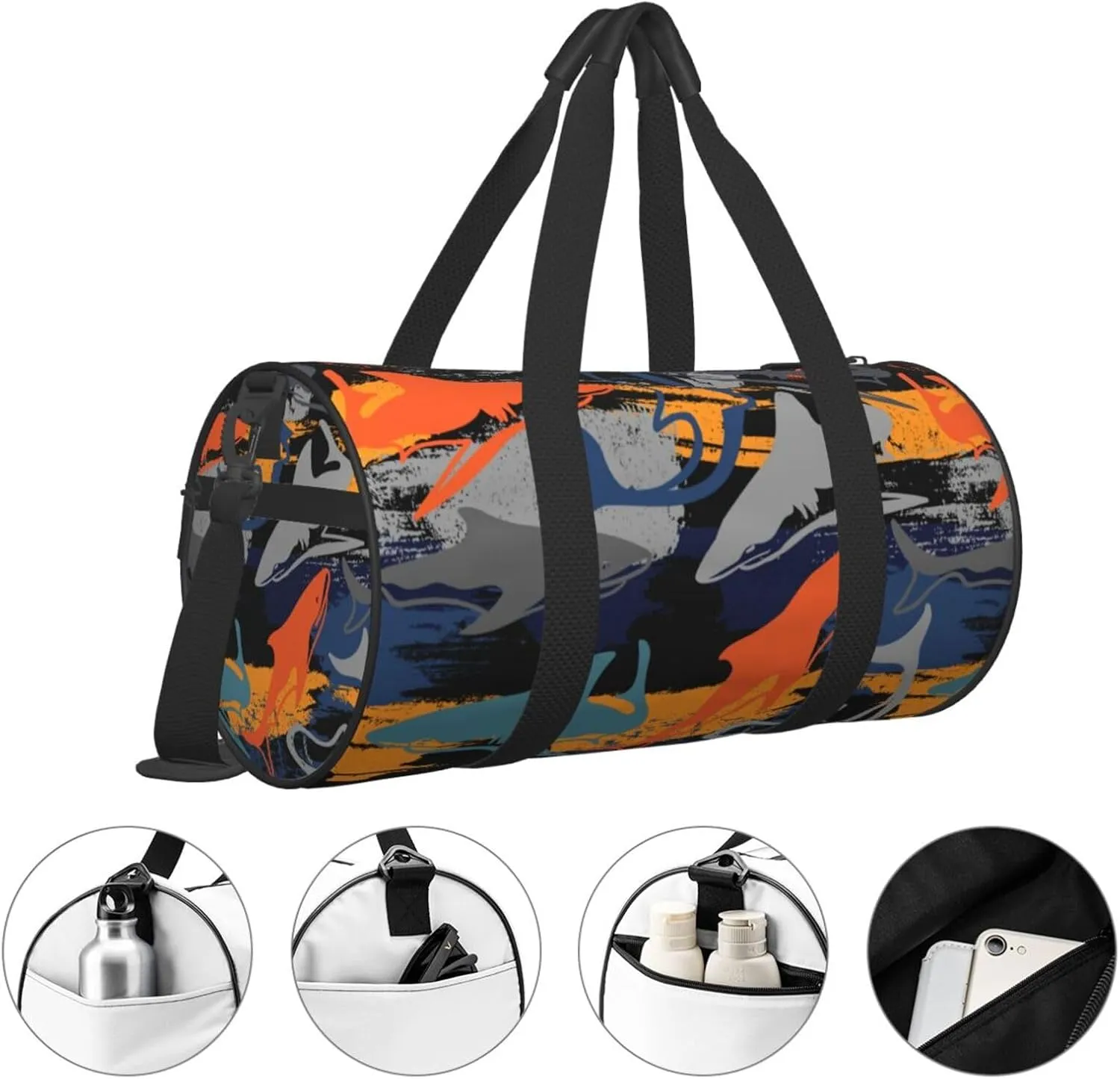Grunge orange gray sharks texture graffiti Round Travel Duffel Bag Large Capacity Gym Sports Bags for Hiking Vacation Trips